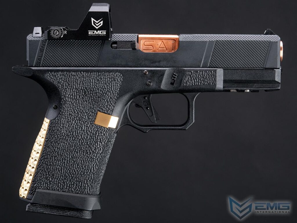 Pistola EMG SAI BLU Compact con Slide EMG Tier One Utility RMR-Cut para Airsoft / con Retroceso (Color: Oro Rosa) - Imagen 4