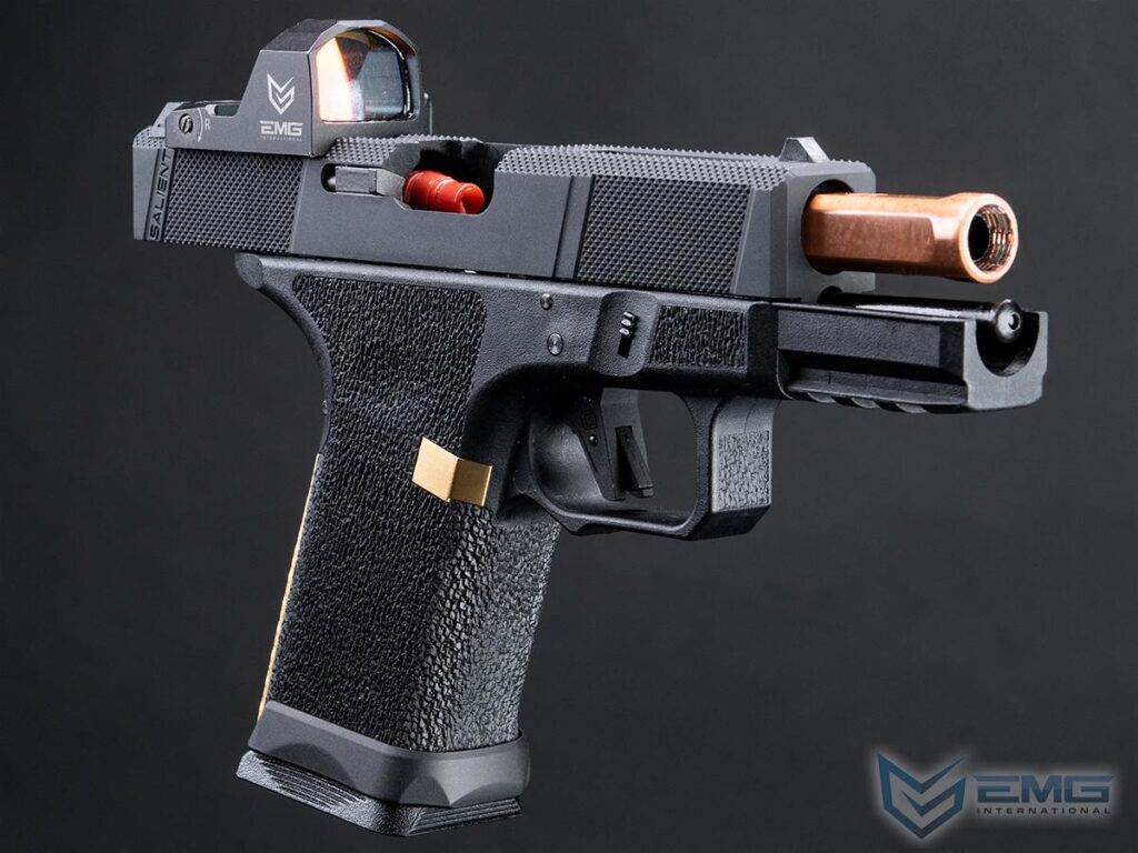 Pistola EMG SAI BLU Compact con Slide EMG Tier One Utility RMR-Cut para Airsoft / con Retroceso (Color: Oro Rosa) - Imagen 5
