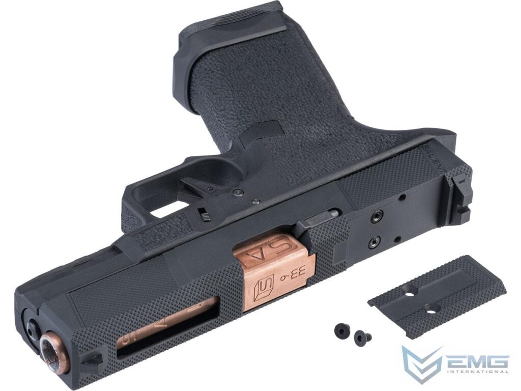 Pistola EMG SAI BLU Compact con Slide EMG Tier One Utility RMR-Cut para Airsoft / con Retroceso (Color: Oro Rosa) - Imagen 6