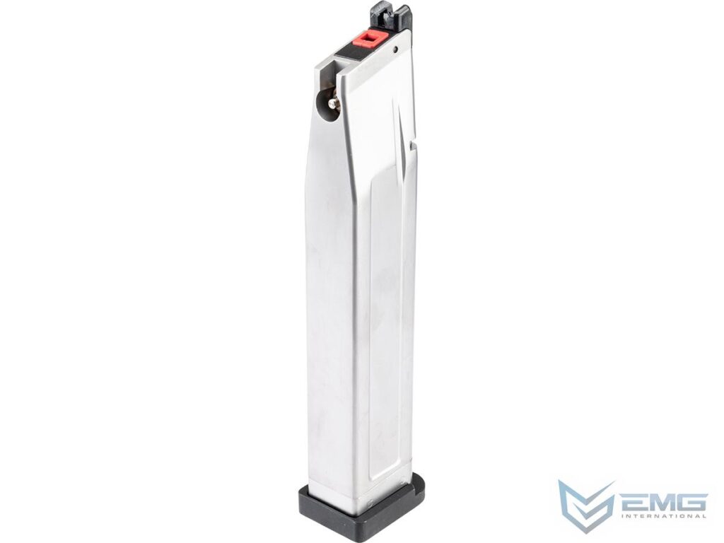 Cargador Extendido EMG / TTI para Réplicas 2011 / Hi-Capa de Airsoft (Color: Plateado / Tipo: Green Gas) - Imagen 2
