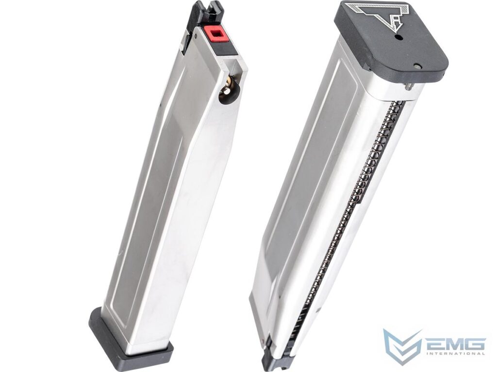 Cargador Extendido EMG / TTI para Réplicas 2011 / Hi-Capa de Airsoft (Color: Plateado / Tipo: Green Gas) - Imagen 3